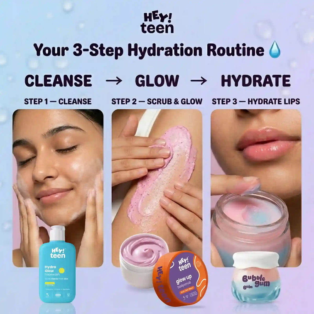 The Glow Trio ( Hydra Glow Face Wash + Glow Up Whip Scrub + Bubblegum Balm )