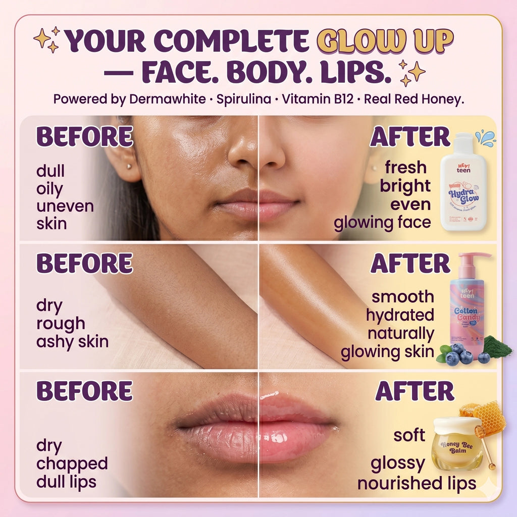 Before after complete glow up face body lips – HEY! teen Glow Starter Kit teen skincare India