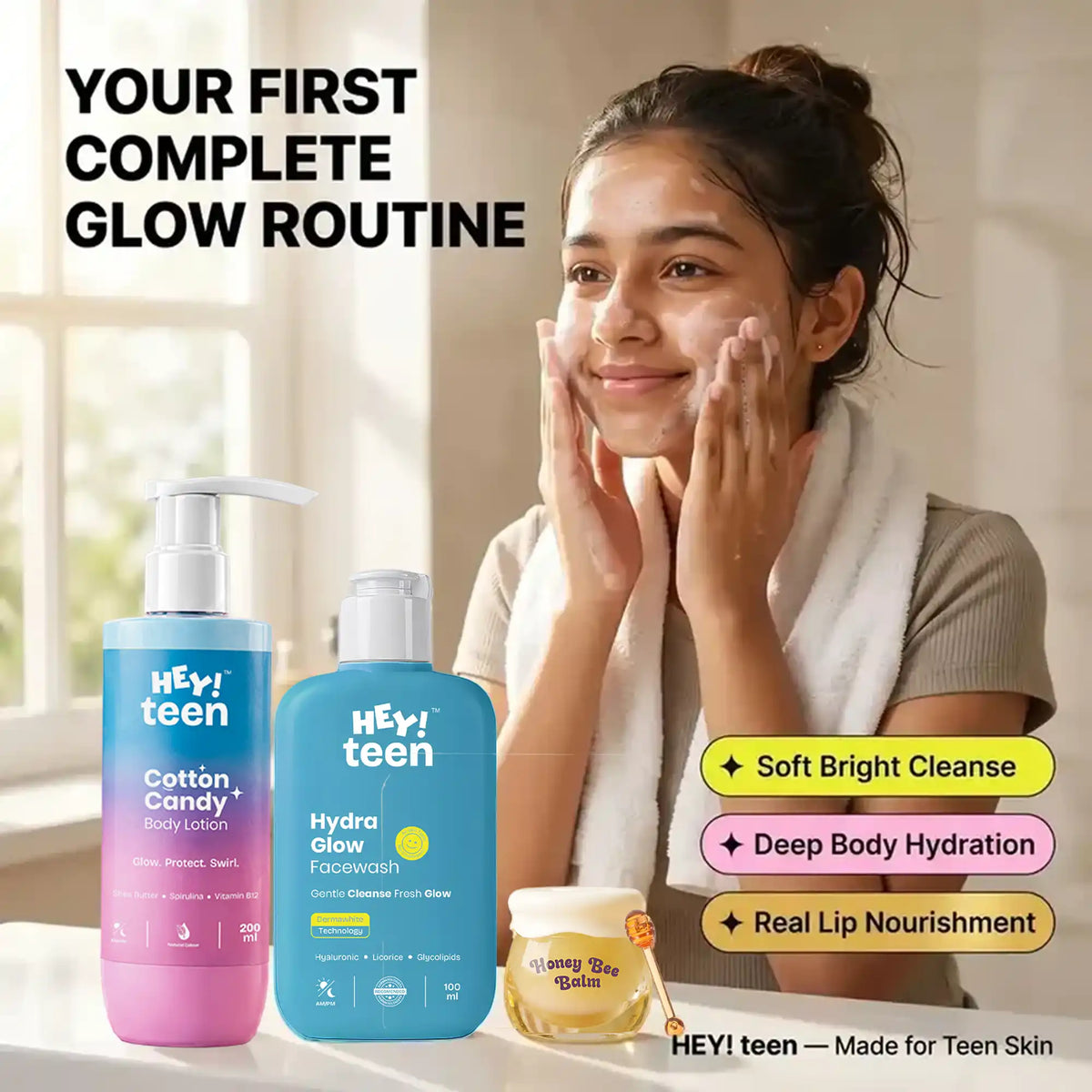 Glow Starter Kit – Face Wash, Body Lotion & Lip Balm for Teens | HEY TEEN
