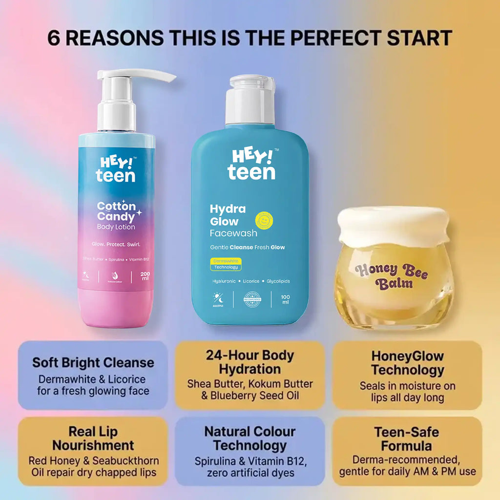 Glow Starter Kit – Face Wash, Body Lotion & Lip Balm for Teens | HEY TEEN