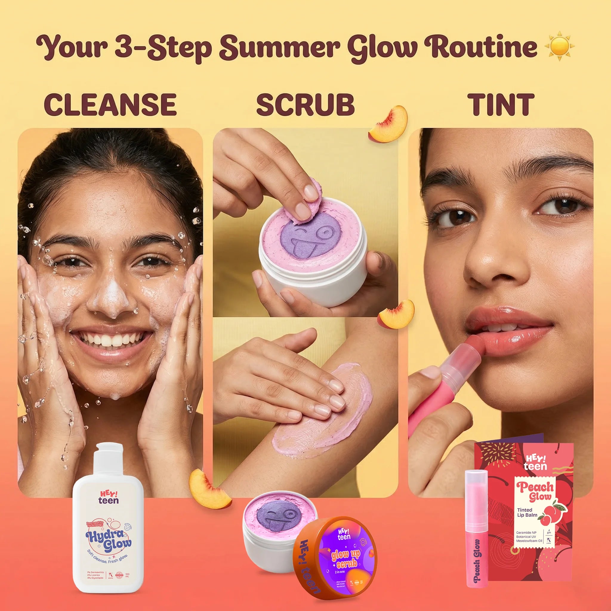 Summer Glow Combo (Hydra Glow Face Wash + Glow Up Whip Scrub + Peach Glow Tinted Lip Balm)