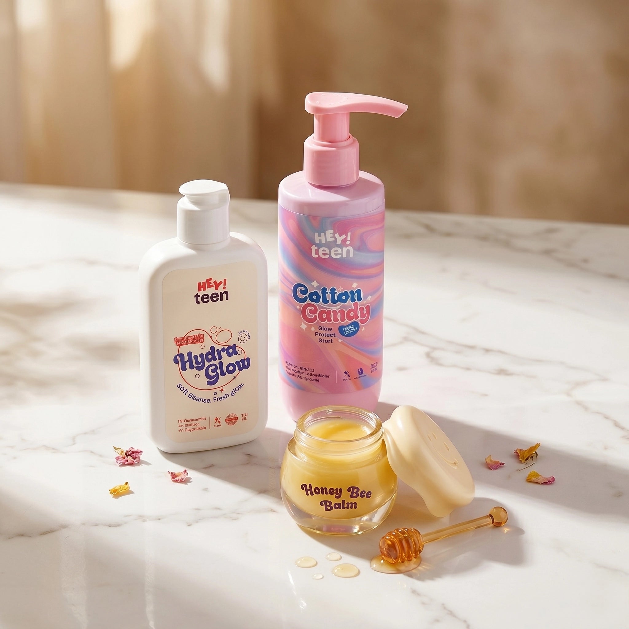 HEY! teen Glow Starter Kit 3 product flatlay natural ingredients teen skincare routine India