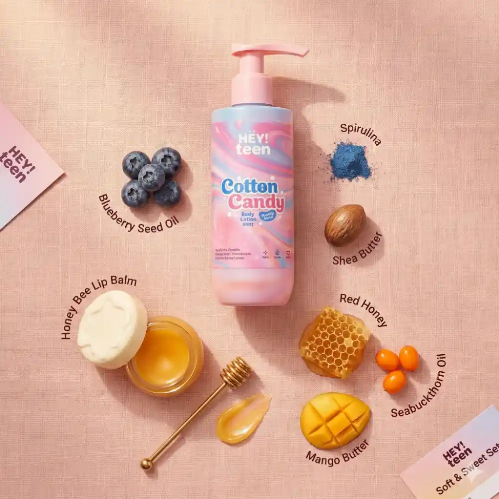 HEY! teen Soft & Sweet Set flatlay – Cotton Candy Body Lotion Honey Bee Lip Balm natural ingredients teen skincare India