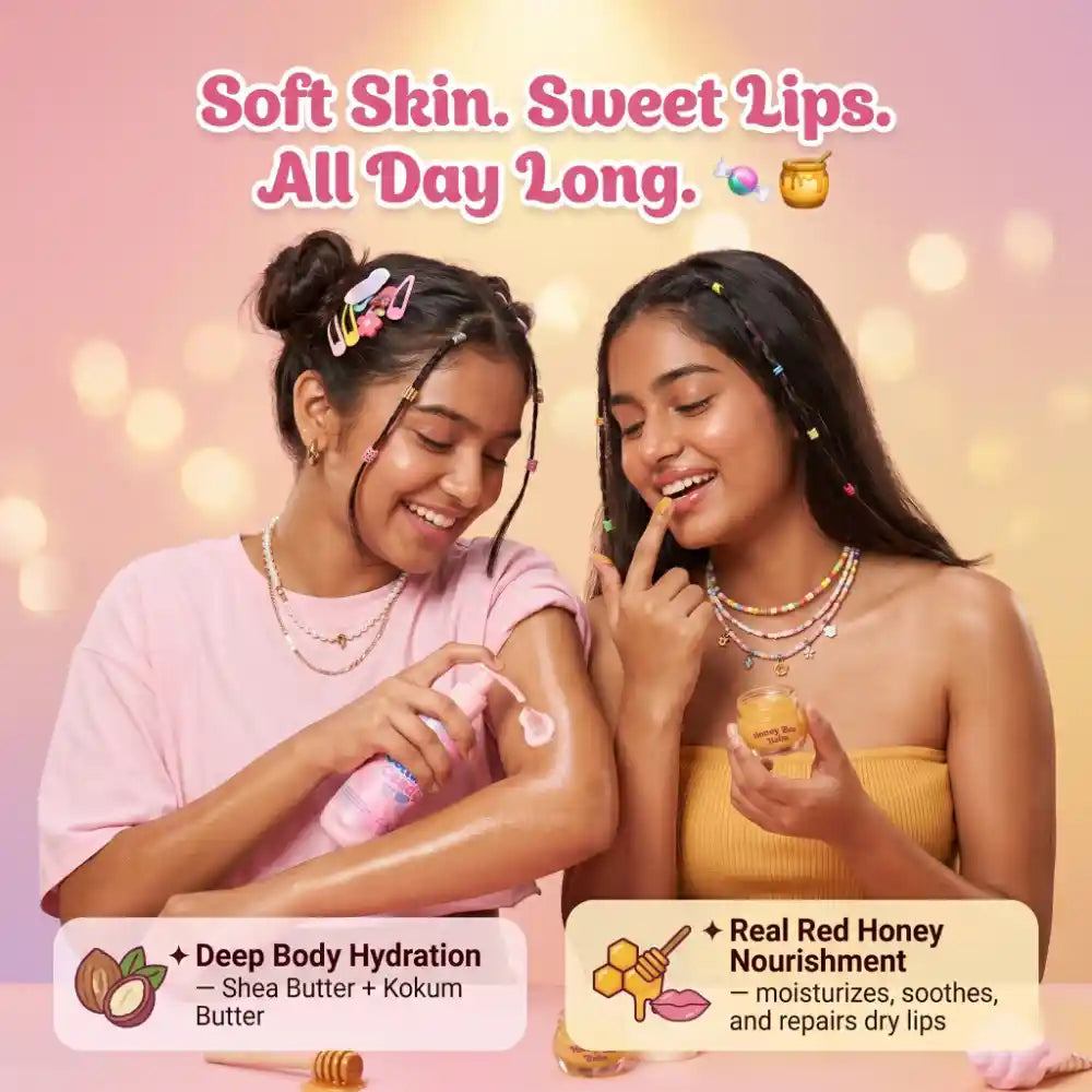 Indian teenage girls using HEY! teen Cotton Candy Body Lotion and Honey Bee Lip Balm – teen skincare combo India
