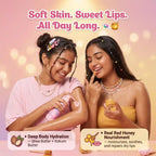 Indian teenage girls using HEY! teen Cotton Candy Body Lotion and Honey Bee Lip Balm – teen skincare combo India
