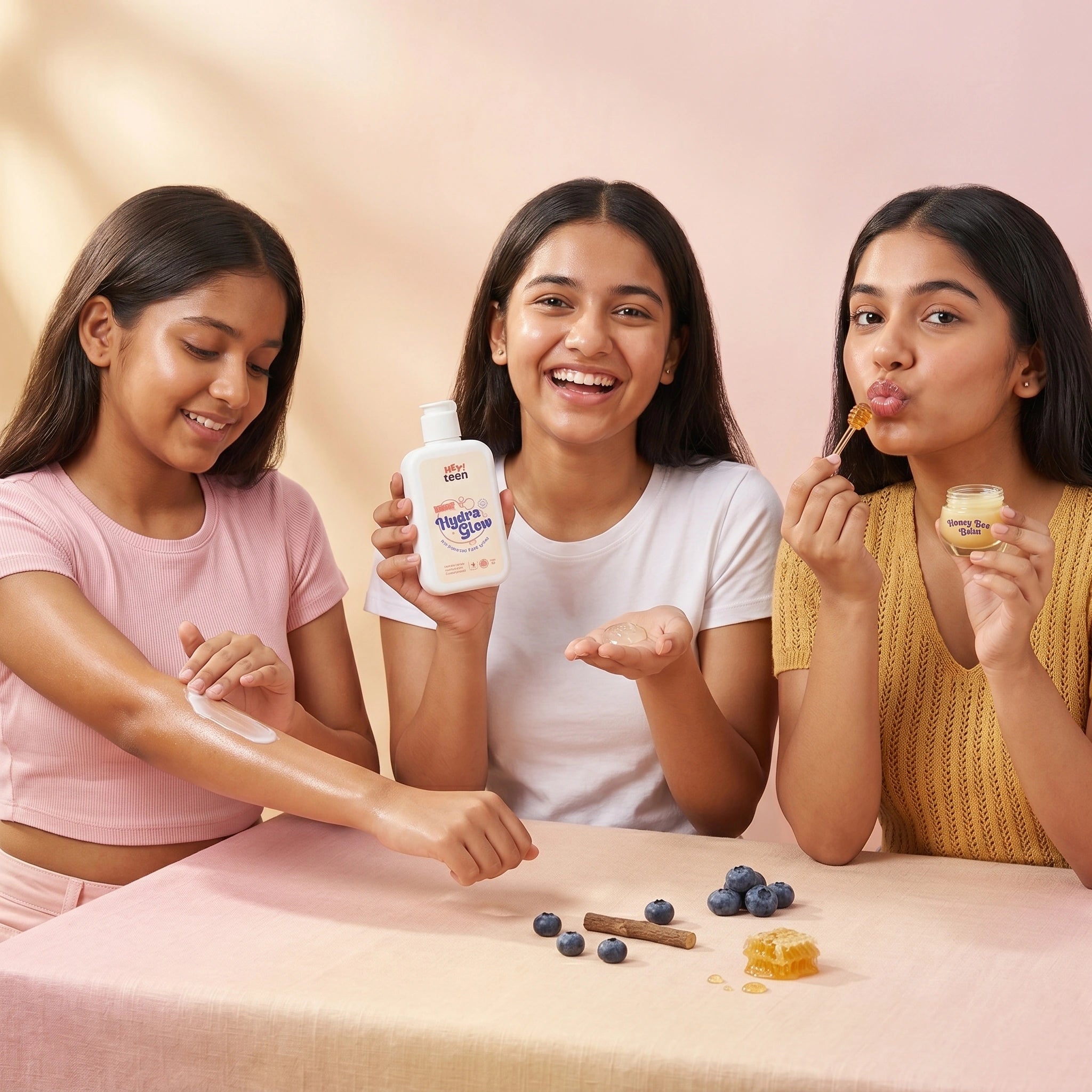 Indian teenagers using HEY! teen Glow Starter Kit face wash body lotion lip balm teen skincare India