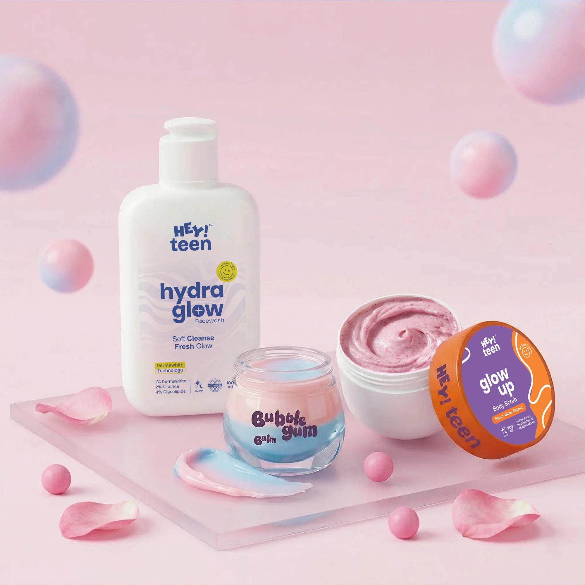 The Glow Trio ( Hydra Glow Face Wash + Glow Up Whip Scrub + Bubblegum Balm )