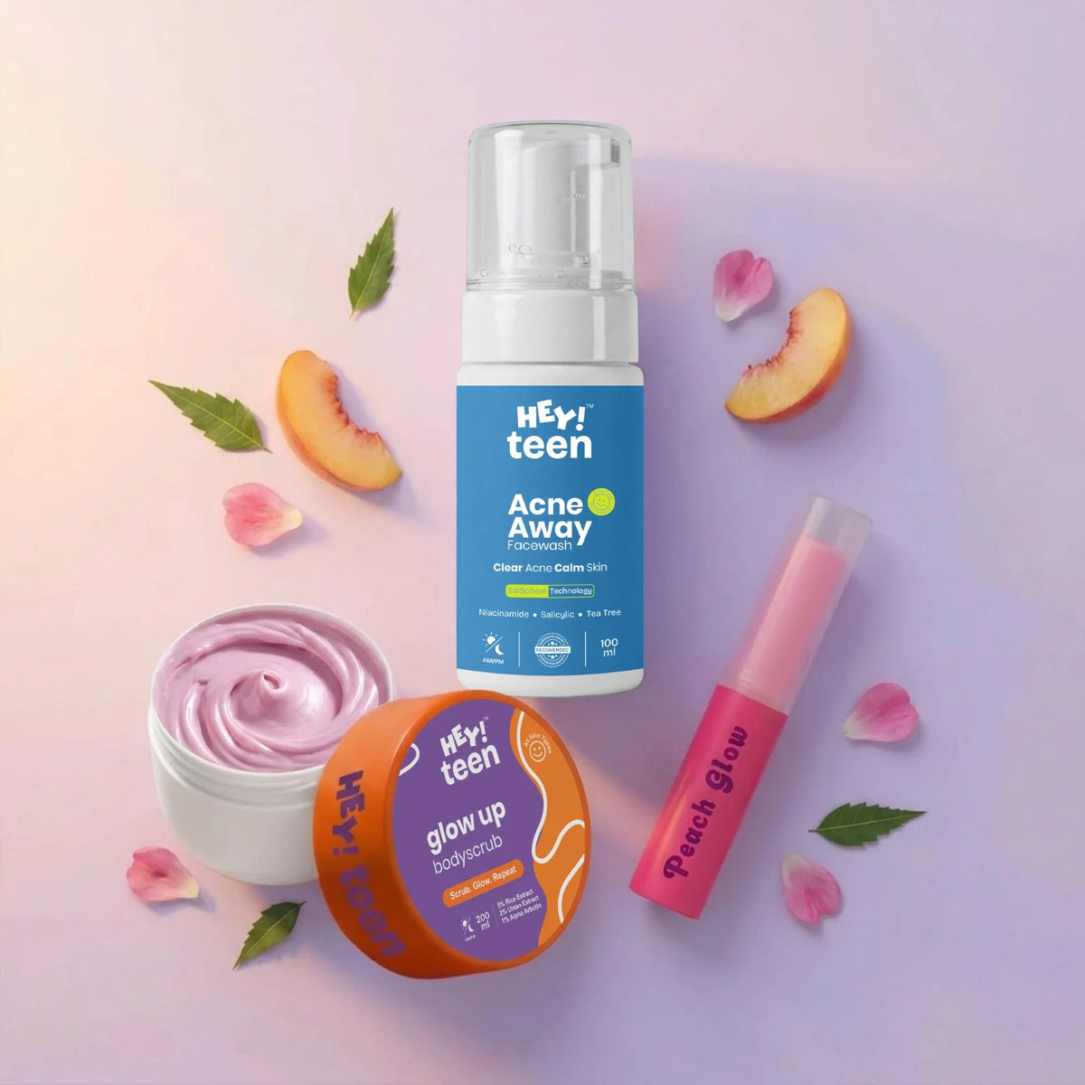 Clear Skin Combo (Acne Away Face Wash + Glow Up Whip Scrub + Peach Glow Tinted Lip Balm)
