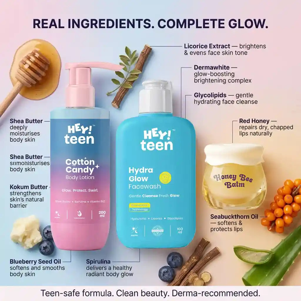 Glow Starter Kit – Face Wash, Body Lotion & Lip Balm for Teens | HEY TEEN