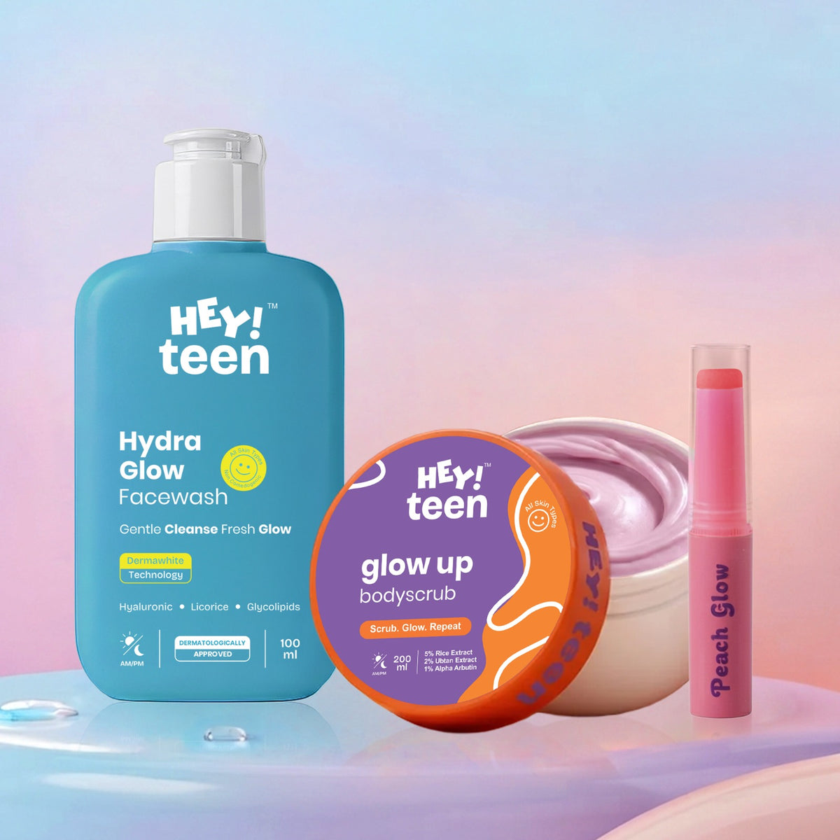 Summer Glow Combo (Hydra Glow Face Wash + Glow Up Whip Scrub + Peach Glow Tinted Lip Balm)