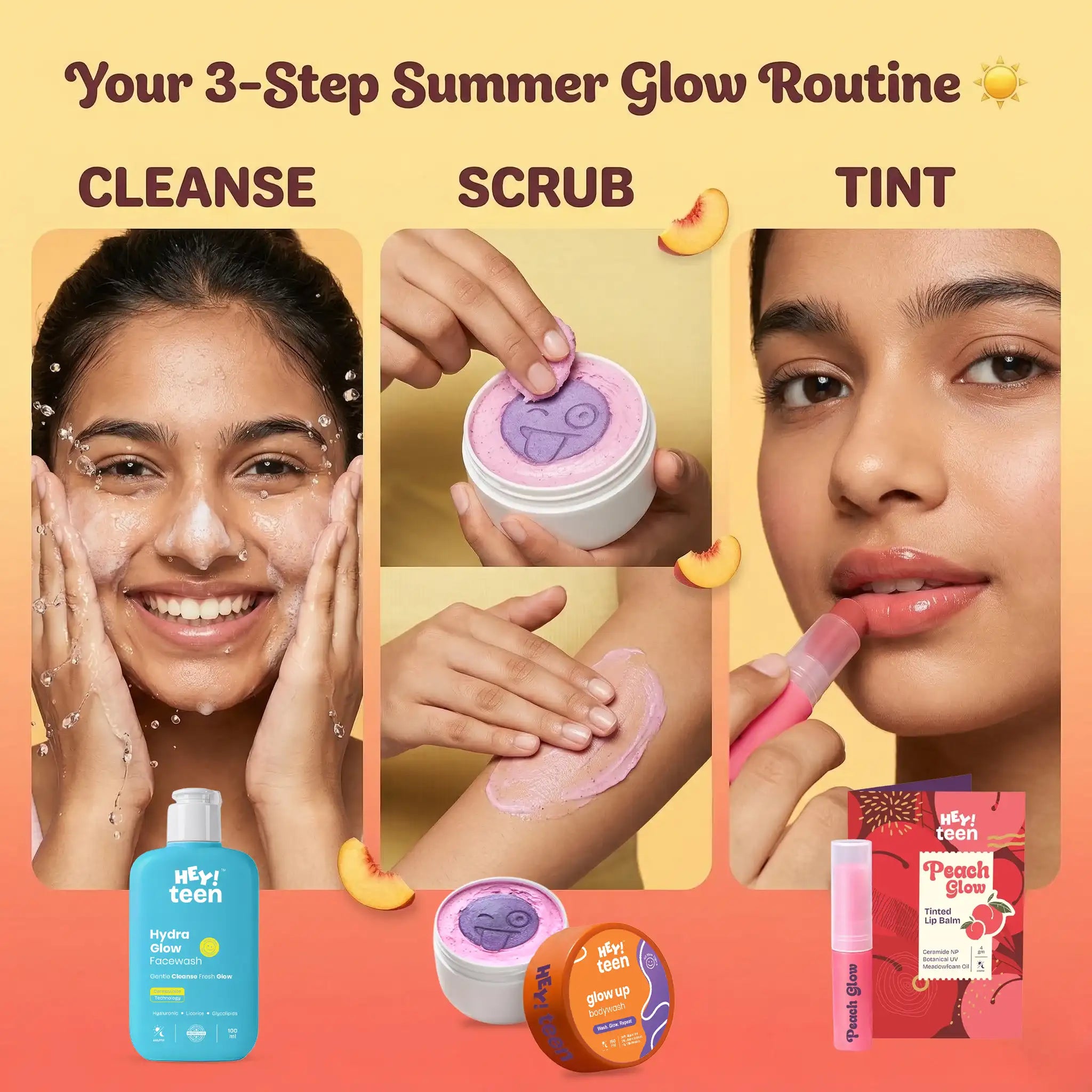 Summer Glow Combo (Hydra Glow Face Wash + Glow Up Whip Scrub + Peach Glow Tinted Lip Balm)